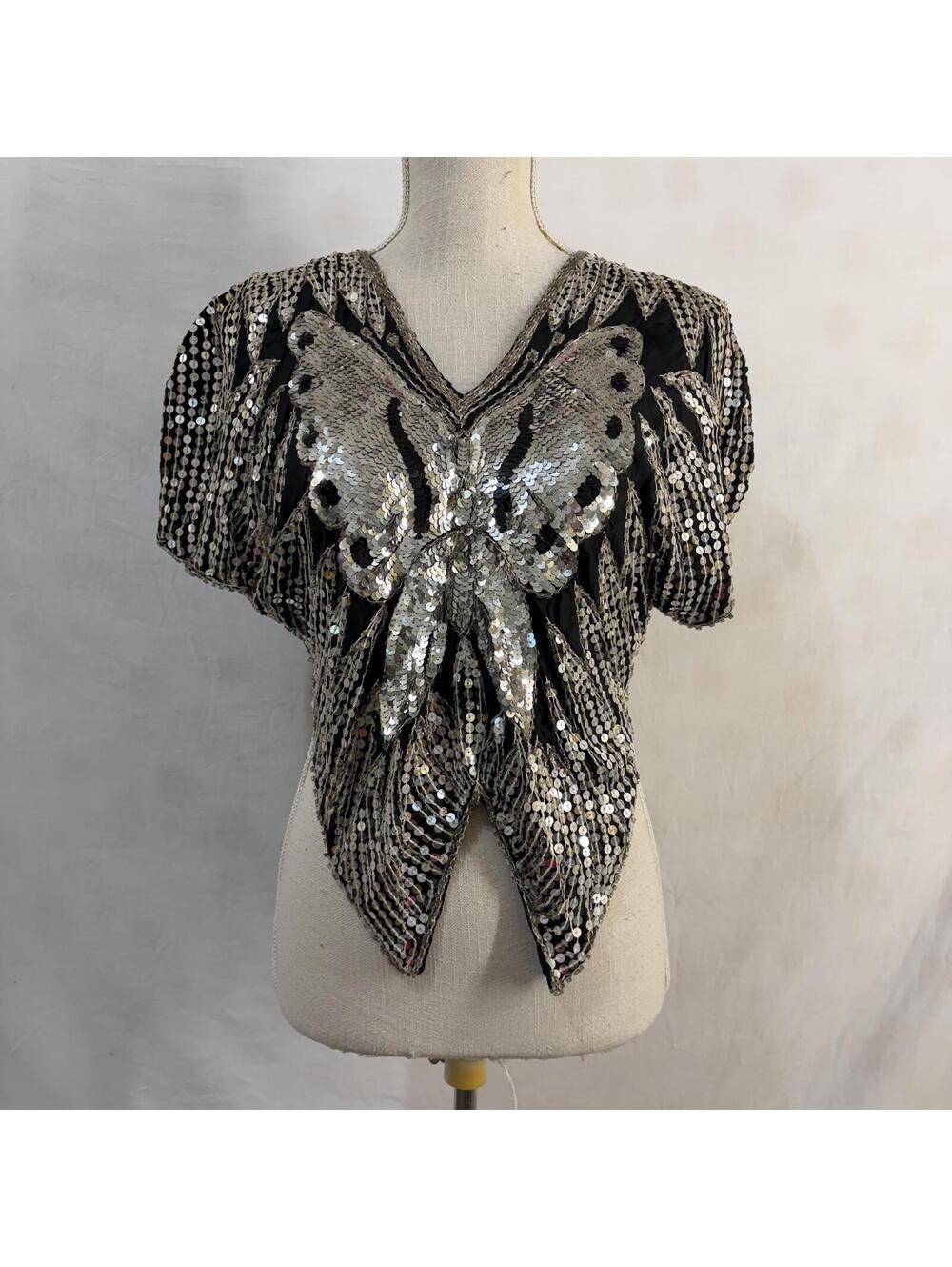 Sequin beaded butterfly silk blouse vintage 80s